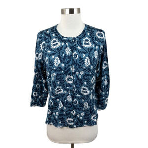 Garnet Hill NEW Eco Merino Wool Cardigan Size M Blue Floral
